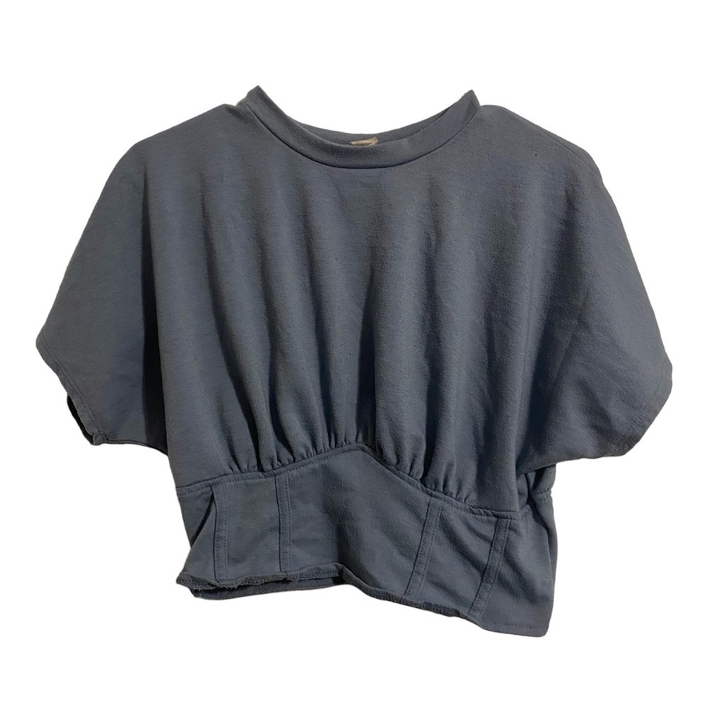 Blue Fleece Short Sleeve Faux Corset Crop Top Crew Neck